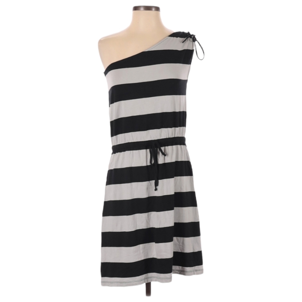 Lilla P Striped Dress Size S Black Gray Tie Waist Asymmetrical One Shoulder